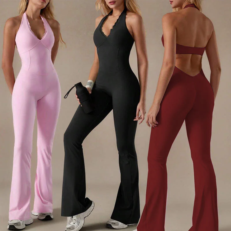 Custom Womens Clothing V-neck Lace One-piece Yoga Outfit Back-flattering Tight Quick-drying Sports Jumpsuit with Flared Pants